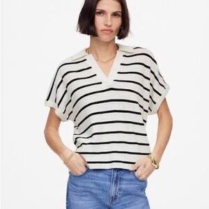 Madewell Relaxed V-Neck Polo Shirt in Stripe, Black and White, XL